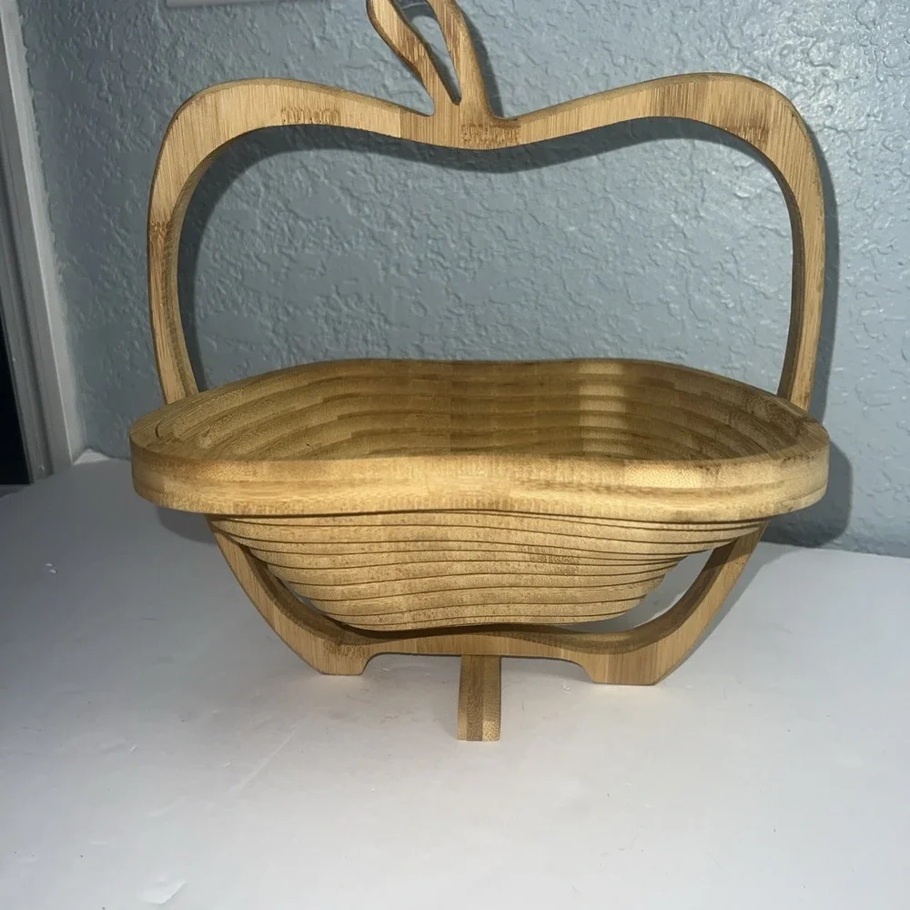 Apple Shaped Collapsible Wooden Fruit‎ Bowl Basket Trivet